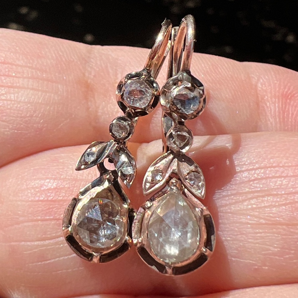ANTIQUE 8K ROSE GOLD DORMEUSE ROSE CUT DIAMOND EARRINGS LEVERBACK LOCKS c1900